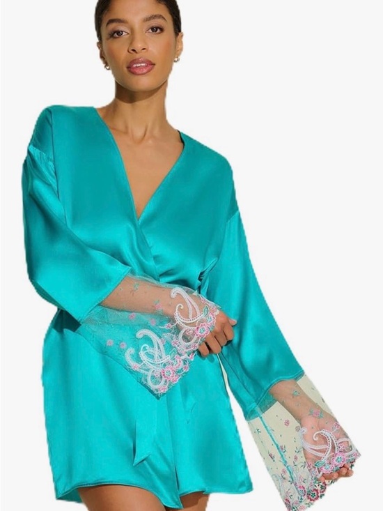 Cosabella Other - Cosabella Turquoise 100% Silk Short Robe with Embroidered Sheer Cuffs